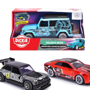Dickie Toys - Pullback Racer (1 Stück) - Auto mit Rückzugmotor für Kinder ab 3 Jahre mit Gummireifen und zu öffnenden Türen, zufällige Auswahl aus 3 Spielzeugautos, je 15 cm